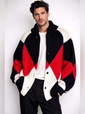 Vintage Umberto Ginocchietti Italy Large Mohair Wool Argyle Cardigan Red Black